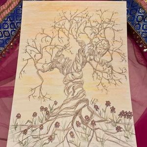Unframed Original Art Drawing Illustration Pencil Crayon & Ink Tree & Flowers